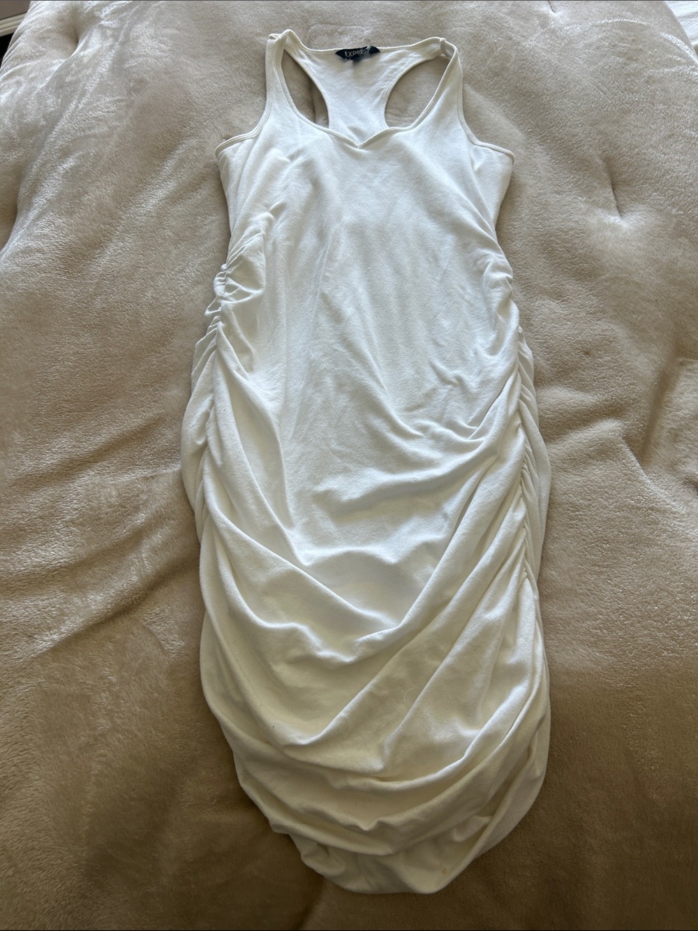Express White Ruched Racerback Midi Dress